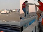 The image shows commuters breaking traffic rules while on Atal Setu. The image shows commuters breaking traffic rules while on Atal Setu.