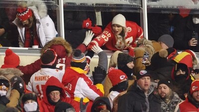 Taylor Swift celebrates with fans during the AFC Wild Card Playoffs between the Miami Dolphins and the Kansas City Chiefs on January 13, 2024 in Kansas City (Getty Images via AFP) Taylor Swift celebrates with fans during the AFC Wild Card Playoffs between the Miami Dolphins and the Kansas City Chiefs on January 13, 2024 in Kansas City (Getty Images via AFP)