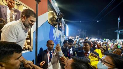 Congress leader Rahul Gandhi shakes hands with people as he commences the Bharat Jodo Nyay Yatra in Manipur on Sunday. (PTI) Congress leader Rahul Gandhi shakes hands with people as he commences the Bharat Jodo Nyay Yatra in Manipur on Sunday. (PTI)
