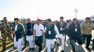 Congress leaders arrive at the Manipur airport ahead of the launch of the Bharat Jodo Nyay Yatra in Thoubal on Sunday. (Image posted by Congress on X) Congress leaders arrive at the Manipur airport ahead of the launch of the Bharat Jodo Nyay Yatra in Thoubal on Sunday. (Image posted by Congress on X)