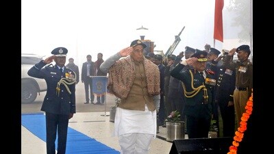 Defence minister Rajnath Singh laid a wreath at the war memorial and paid homage to the heroes for their supreme sacrifices and dedicated service to the nation in Kanpur on January 14, 2024. (Sourced) Defence minister Rajnath Singh laid a wreath at the war memorial and paid homage to the heroes for their supreme sacrifices and dedicated service to the nation in Kanpur on January 14, 2024. (Sourced)