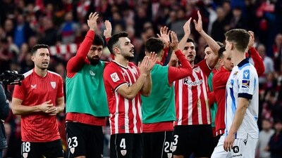 Athletic Bilbao players celebrate their win at the end of the Spanish league football match between Athletic Club Bilbao and Real Sociedad (AFP) Athletic Bilbao players celebrate their win at the end of the Spanish league football match between Athletic Club Bilbao and Real Sociedad (AFP)