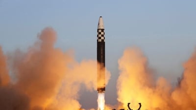 This photo provided by the North Korean government shows what it says is an intercontinental ballistic missile (KCNA via AP)