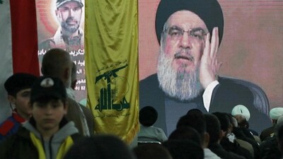 Hezbollah movement leader Hassan Nasrallah delivers a televised speech in Kherbet Selm in southern Lebanon. (AFP) Hezbollah movement leader Hassan Nasrallah delivers a televised speech in Kherbet Selm in southern Lebanon. (AFP)