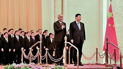Chinese president Xi Jinping with Maldives' president Mohamed Muizzu, in Beijing. (PTI) Chinese president Xi Jinping with Maldives' president Mohamed Muizzu, in Beijing. (PTI)