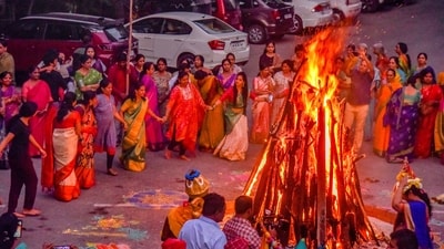 Bhogi, the inaugural day of the three-day Makar Sankranti festival, sees vibrant celebrations in Hyderabad on Sunday. (PTI) Bhogi, the inaugural day of the three-day Makar Sankranti festival, sees vibrant celebrations in Hyderabad on Sunday. (PTI)