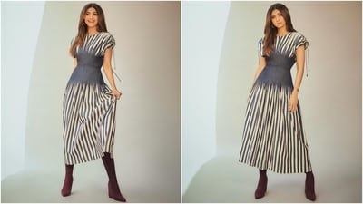 Recently, for another promotional event, Shilpa wore a midi dress featuring greyish-blue striped patterns and a corset detail on the bodice. She shared the photos with the caption, "'Pocket Full of Sunshine' kinda day." (Instagram) Recently, for another promotional event, Shilpa wore a midi dress featuring greyish-blue striped patterns and a corset detail on the bodice. She shared the photos with the caption, "'Pocket Full of Sunshine' kinda day." (Instagram)