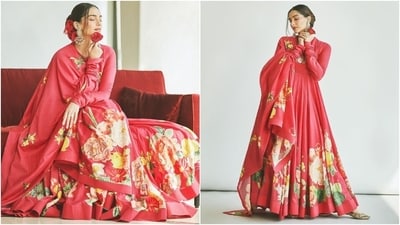 Sonam Kapoor's anarkali set is from the shelves of designer Rohit Bahl's eponymous label. It features a floor-length anarkali kurta, churidar pyjamas, and a matching dupatta. Meanwhile, the floral pattern on the bright red shades comes in yellow, green, white, red and pink hues. Scroll down to read our detailed description of her ethnic look. (Instagram) Sonam Kapoor's anarkali set is from the shelves of designer Rohit Bahl's eponymous label. It features a floor-length anarkali kurta, churidar pyjamas, and a matching dupatta. Meanwhile, the floral pattern on the bright red shades comes in yellow, green, white, red and pink hues. Scroll down to read our detailed description of her ethnic look. (Instagram)