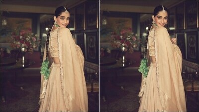 Earlier, Sonam Kapoor shared pictures of herself dressed in a beige silk lehenga set decked in gold gota patti embroidery and floral kadhai in green, white and pink hues. She wore the ensemble for a friend's wedding function. "A sister is a little bit of childhood that can never be lost," Sonam captioned the post. (Instagram) Earlier, Sonam Kapoor shared pictures of herself dressed in a beige silk lehenga set decked in gold gota patti embroidery and floral kadhai in green, white and pink hues. She wore the ensemble for a friend's wedding function. "A sister is a little bit of childhood that can never be lost," Sonam captioned the post. (Instagram)