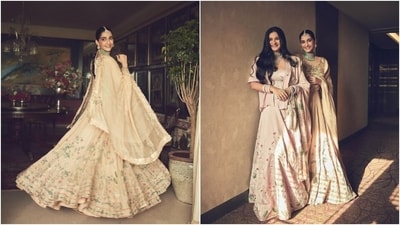 Lastly, centre-parted braided hairdo, kohl-lined eyes, smoky eye shadow, feathered brows, mauve lip shade, blushed cheekbones, and highlighter on the contours completed the glam picks with Sonam's beige embroidered lehenga set. (Instagram) Lastly, centre-parted braided hairdo, kohl-lined eyes, smoky eye shadow, feathered brows, mauve lip shade, blushed cheekbones, and highlighter on the contours completed the glam picks with Sonam's beige embroidered lehenga set. (Instagram)