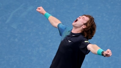 Russia's Andrey Rublev celebrates winning against Brazil's Thiago Seyboth Wild during their men's singles match on day one of the Australian Open tennis tournament in Melbourne (AFP) Russia's Andrey Rublev celebrates winning against Brazil's Thiago Seyboth Wild during their men's singles match on day one of the Australian Open tennis tournament in Melbourne (AFP)