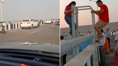 The image shows commuters breaking traffic rules while on Atal Setu. (Screengrab (X)) The image shows commuters breaking traffic rules while on Atal Setu. (Screengrab (X))