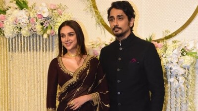 Aditi Rao Hydari and Siddharth made a joint appearance at Ira Khan and Nupur Shikhare's wedding reception. The two are reportedly in a relationship. Aditi looked amazing as always in a black lehenga and Siddharth complemented her in a black achkan. Aditi Rao Hydari and Siddharth made a joint appearance at Ira Khan and Nupur Shikhare's wedding reception. The two are reportedly in a relationship. Aditi looked amazing as always in a black lehenga and Siddharth complemented her in a black achkan. 