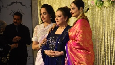 Hema Malini, Saira Banu and Rekha posed together at Ira Khan's wedding reception. Ira and Nupur Shikhare also had a white wedding ceremony in Udaipur as part of the celebrations. Hema Malini, Saira Banu and Rekha posed together at Ira Khan's wedding reception. Ira and Nupur Shikhare also had a white wedding ceremony in Udaipur as part of the celebrations. 