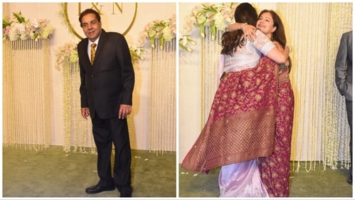 Dharmendra and Hema Malini and Ayesha Jhulka at Ira Khan's reception. Dharmendra and Hema Malini and Ayesha Jhulka at Ira Khan's reception.
