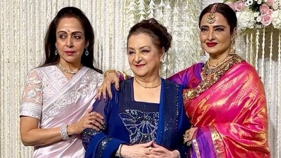 Hema Malini, Saira Banu, Rekha pose together at Ira Khan and Nupur Shikhare's wedding reception.