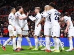 Tottenham Hotspur's Pierre-Emile Hojbjerg and Timo Werner celebrate after Rodrigo Bentancur scores their second goal