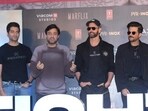 Akshay Oberoi, Siddharth Anand, Hrithik Roshan and Anil Kapoor at Fighter trailer launch. 