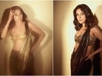Shehnaaz Gill wears a Gaurav Gupta gold bustier blouse and sequin black saree. 