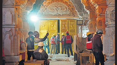 A view of the golden door being installed at the Ram Temple in Ayodhya on Monday. (ANI) A view of the golden door being installed at the Ram Temple in Ayodhya on Monday. (ANI)