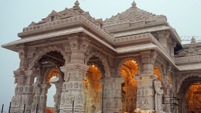 Construction work at the Ram temple is underway in Ayodhya on Monday. (ANI Photo) Construction work at the Ram temple is underway in Ayodhya on Monday. (ANI Photo)