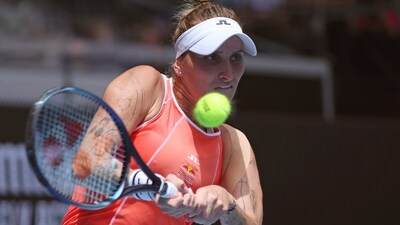 Marketa Vondrousova of the Czech Republic plays a backhand return to Dayana Yastremska of Ukraine during their first round match at the Australian Open (AP)