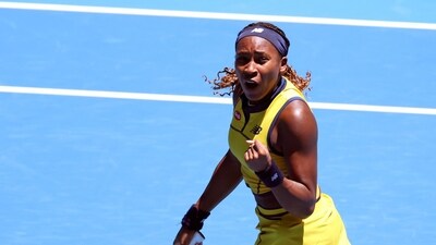 Coco Gauff of the U.S. celebrates after defeating Anna Karolina Schmiedlova of Slovakia during their first round match at the Australian Open (AP) Coco Gauff of the U.S. celebrates after defeating Anna Karolina Schmiedlova of Slovakia during their first round match at the Australian Open (AP)
