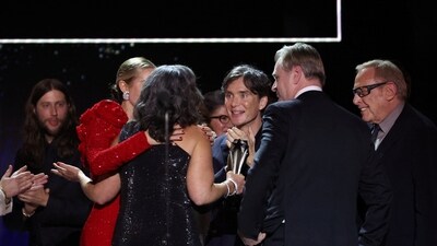 Emma Thomas, Emily Blunt, Christopher Nolan, Cillian Murphy and Charles Roven react onstage during the presentation of the Critics Choice Award for Best Picture for Oppenheimer at the 29th Annual Critics Choice Awards. (REUTERS)