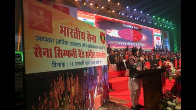 Defence Minister Rajnath Singh speaks during a musical concert of Indian Army Symphony Band as part of the Army Day celebrations, in Lucknow, Sunday. (PTI) Defence Minister Rajnath Singh speaks during a musical concert of Indian Army Symphony Band as part of the Army Day celebrations, in Lucknow, Sunday. (PTI)