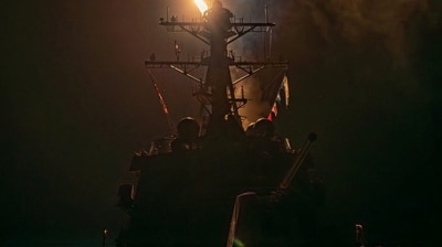 A missile is launched from a warship during the US-led coalition operation against military targets in Yemen. (Reuters)