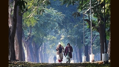 Morning walkers bundled up in woollens in Sector 10, Chandigarh, on Monday. (Ravi Kumar/HT) Morning walkers bundled up in woollens in Sector 10, Chandigarh, on Monday. (Ravi Kumar/HT)