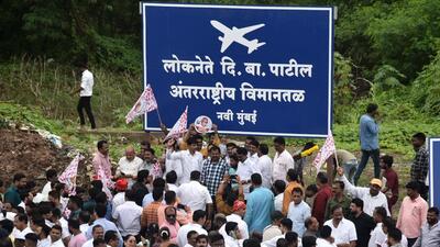 Navi Mumbai, India - Aug. 9, 2023:Project Affected People (PAP) stage protest against Maharashtra State Government over naming of upcoming Navi Mumbai International Airport as Loknete D.B.Patil International Airport at the earliest on August Kranti Divas at Ulwe in Navi Mumbai, India, on Wednesday, August 9, 2023. (Photo by Bachchan Kumar/ HT PHOTO) (HT PHOTO) Navi Mumbai, India - Aug. 9, 2023:Project Affected People (PAP) stage protest against Maharashtra State Government over naming of upcoming Navi Mumbai International Airport as Loknete D.B.Patil International Airport at the earliest on August Kranti Divas at Ulwe in Navi Mumbai, India, on Wednesday, August 9, 2023. (Photo by Bachchan Kumar/ HT PHOTO) (HT PHOTO)