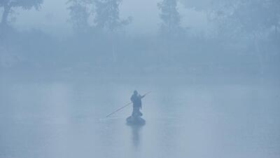New Delhi , India - January 15 2024: A view of Yamuna Khadar near Mayur Vihar on a cold and foggy morning in New Delhi , India on Monday, January 15 2024. (Photo by Sakib Ali /Hindustan Times)
