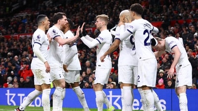 Tottenham Hotspur's Pierre-Emile Hojbjerg and Timo Werner celebrate after Rodrigo Bentancur scores their second goal (REUTERS)