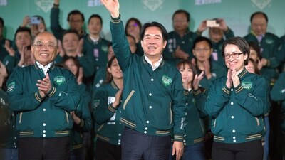 Taiwanese Vice President Lai Ching-te, also known as William Lai, center, celebrates his victory with running mate Bi-khim Hsiao, right, and supporters in Taipei, Taiwan. (AP) Taiwanese Vice President Lai Ching-te, also known as William Lai, center, celebrates his victory with running mate Bi-khim Hsiao, right, and supporters in Taipei, Taiwan. (AP)
