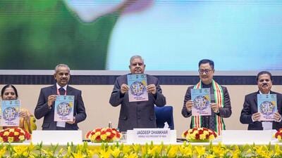 Vice President Jagdeep Dhankhar during the inaugural ceremony of celebrations marking 150 years of the India Meteorological Department in New Delhi, Monday (PTI)