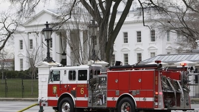 FILE - A firetruck is parked outside of the White House in Washington, Dec. 19, 2007. A fake 911 call that the White House was on fire sent emergency vehicles to the complex Monday morning. President Joe Biden and his family were at Camp David at the time. (AP Photo/Ron Edmonds, File) (AP) FILE - A firetruck is parked outside of the White House in Washington, Dec. 19, 2007. A fake 911 call that the White House was on fire sent emergency vehicles to the complex Monday morning. President Joe Biden and his family were at Camp David at the time. (AP Photo/Ron Edmonds, File) (AP)