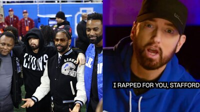 Eminem and Big Sean posed for pictures during the Rams vs. Lions game on Sunday Eminem and Big Sean posed for pictures during the Rams vs. Lions game on Sunday