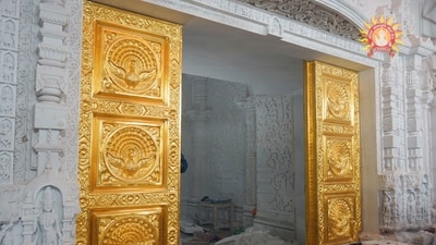 With the installation of Golden Doors in the Garbh Griha of Ram temple, installation work of all golden doors on the ground floor stands completed, in Ayodhya on Monday. (Shri Ram Janmbhoomi Teerth Kshet) With the installation of Golden Doors in the Garbh Griha of Ram temple, installation work of all golden doors on the ground floor stands completed, in Ayodhya on Monday. (Shri Ram Janmbhoomi Teerth Kshet)