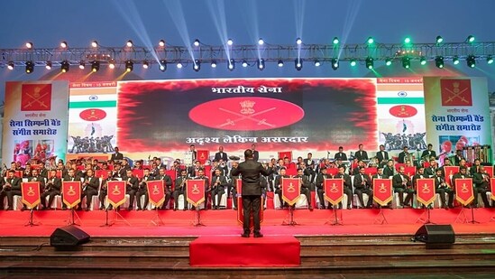 A glimpse of the performance by the Military Symphony Band as part of the 76th Army Day celebrations, at Dr Babasaheb Ambedkar Memorial Park, in Lucknow.(ANI)