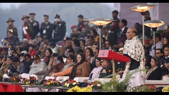 Defence minister Rajnath Singh addressing a gathering at ‘Shaurya Sandhya’, a military and combat display event that marked the conclusion of the 76th Army Day celebrations at Surya Khel Parisar in Lucknow on Jan 15. (HT photo)
