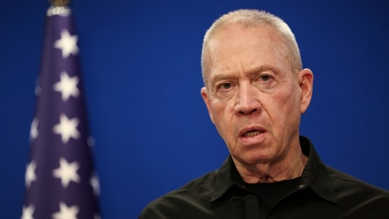 Israeli defense minister Yoav Gallant speaks during a press conference. (Reuters)