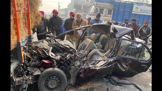 Three members of a family were killed after a car they were travelling in rammed into a stationary tractor-trailer on the Jalandhar-Amritsar road on Monday afternoon.
