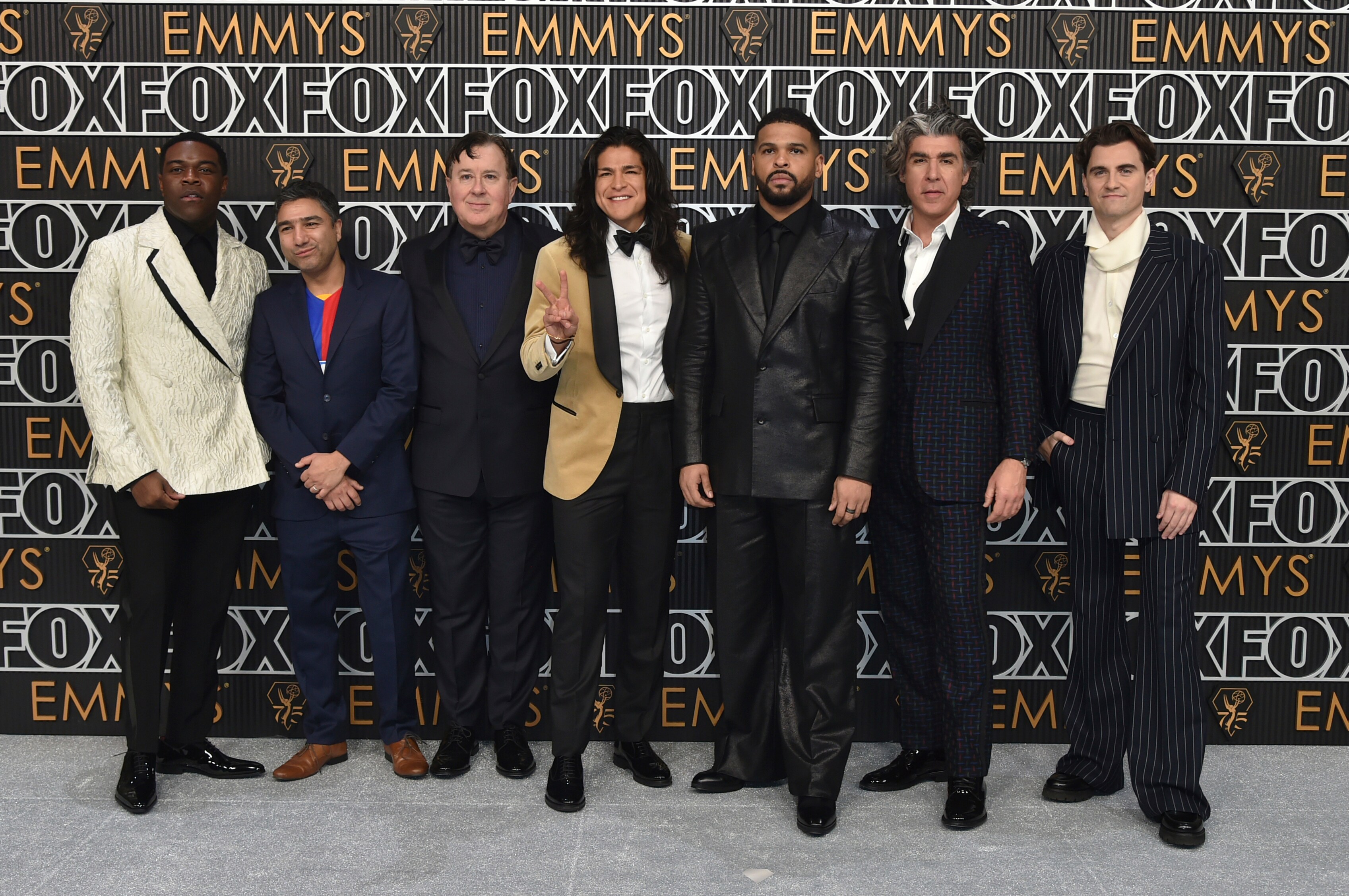 Sam Richardson, from left, Nick Mohammed, Jeremy Swift, Cristo Fernandez, Kola Bokinni, James Lance, and Billy Harris arrive at the 75th Primetime Emmy Awards on Monday, Jan. 15, 2024, at the Peacock Theatre in Los Angeles. (Photo by Richard Shotwell/Invision/AP) (Richard Shotwell/Invision/AP) Sam Richardson, from left, Nick Mohammed, Jeremy Swift, Cristo Fernandez, Kola Bokinni, James Lance, and Billy Harris arrive at the 75th Primetime Emmy Awards on Monday, Jan. 15, 2024, at the Peacock Theatre in Los Angeles. (Photo by Richard Shotwell/Invision/AP) (Richard Shotwell/Invision/AP)