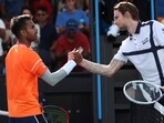 Sumit Nagal of India is congratulated by Alexander Bublik of Kazakhstan