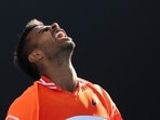 Sumit Nagal of India celebrates after defeating Alexander Bublik of Kazakhstan in their first round match at the Australian Open tennis championships