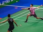 Priyanshu Rajawat of India competes during the men's singles match against Lakshya Sen from India at the YONEX-SUNRISE India Open 2024 badminton tournament
