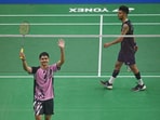 Priyanshu Rajawat of India competes during the men's singles match against Lakshya Sen from India at the YONEX-SUNRISE India Open 2024 badminton tournament  in New Delhi, India, on Tuesday