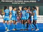 Ranchi: India's Salima Tete celebrates with teammates after scoring a goal during FIH Women�s Olympic Qualifiers Ranchi 2024 hockey match between India and Italy at Marang Gomke Jaipal Singh Astro Turf Hockey Stadium(PTI)