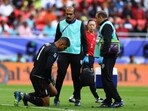 India's Gurpreet Singh Sandhumedi after sustaining an injury 
